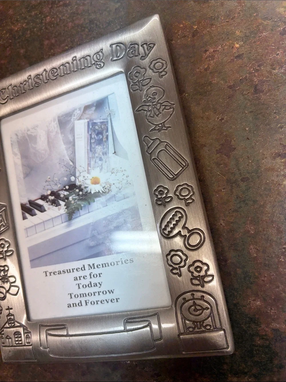 My Christening Day Silver Plate Photo Frame. Embossed Details & Customizable 4x6